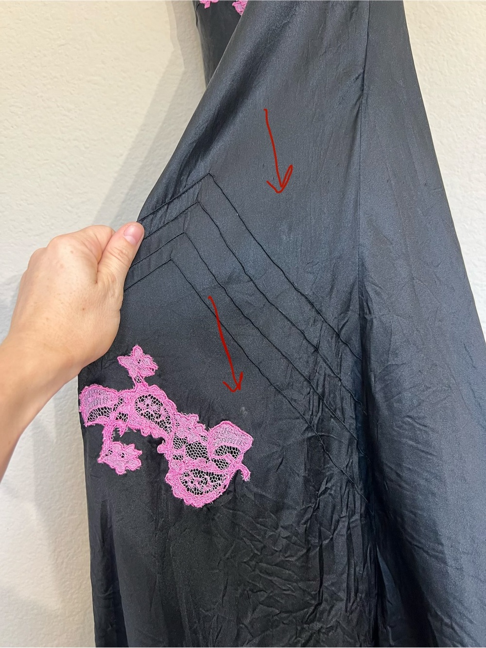 Vintage Betsey Johnson silk satin bias cut black pink lace midi dress coquette - Picture 9 of 14